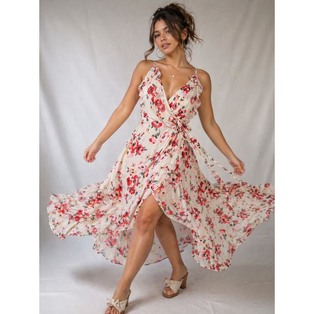 SZ 8 Medium Atmosphere Floral Wrap Dress Cream Red Ruffle Boho Midi